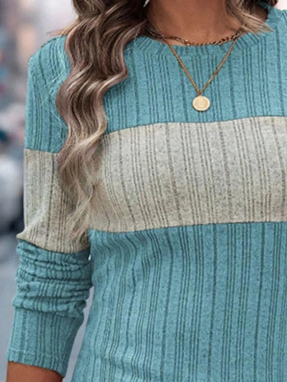 Color Block Round Neck Long Sleeve Sweater, image 3