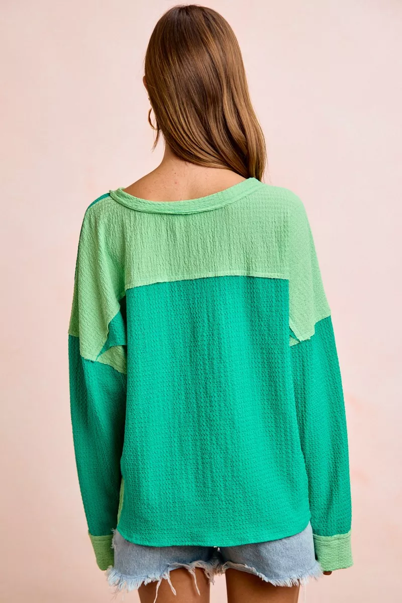 Textured Jersey Color Block Top With Cut Edge, image 3