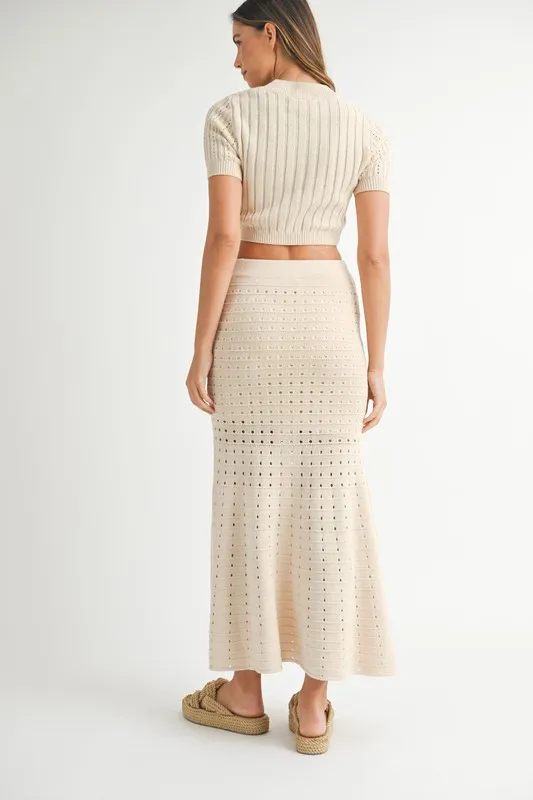Pointelle Short Sleeve Crop Top and Slit Skirt Sweater Set, image 5