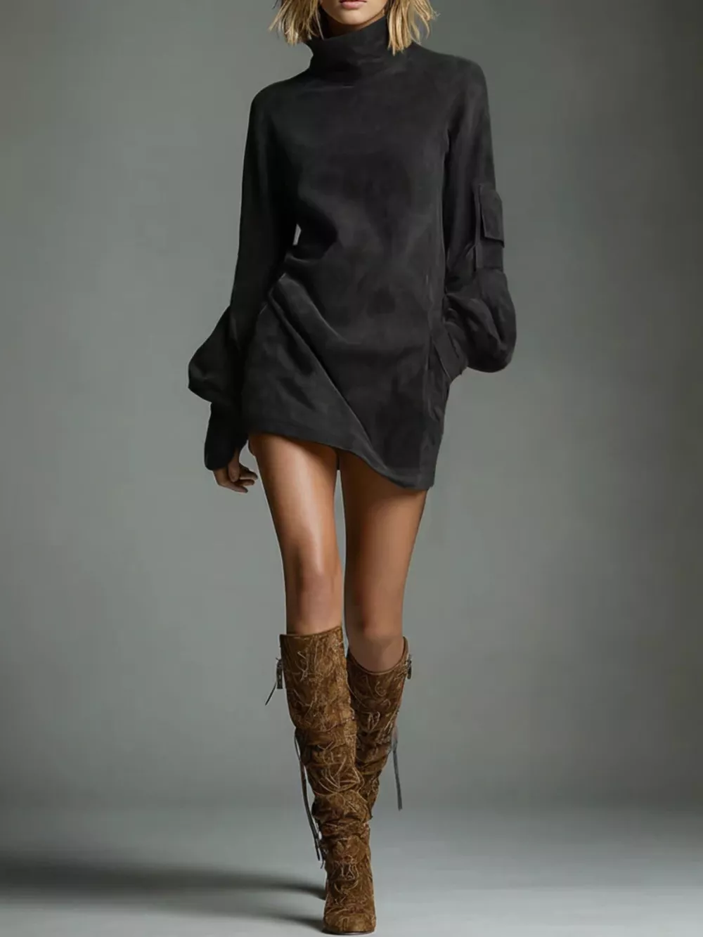 Turtleneck Lantern Sleeve Mini Dress with Pockets, image 6