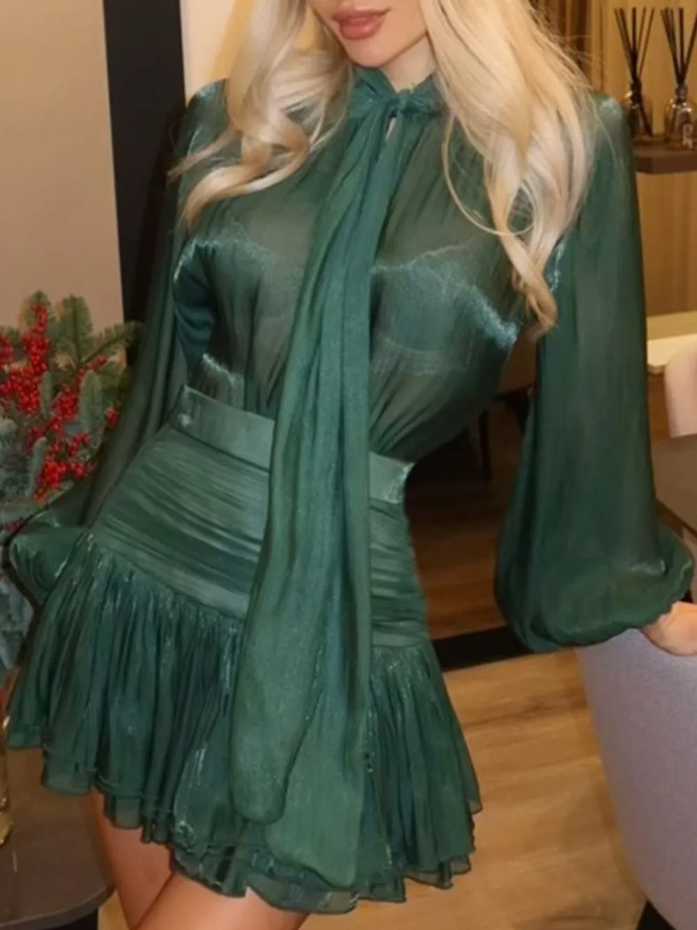 Bow-Tie Blouse and Ruffled Mini Skirt Two-Piece Set, image 3