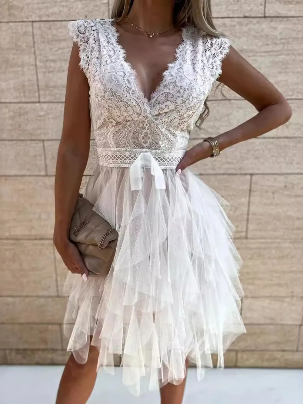 Lace V-Neck Ruffle Dress, image 4