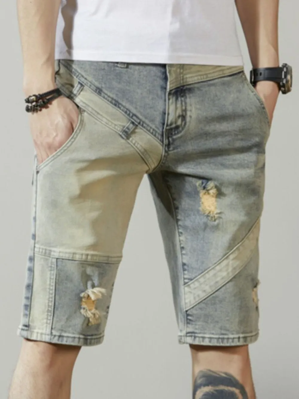 Men's Distressed Wash Denim Shorts