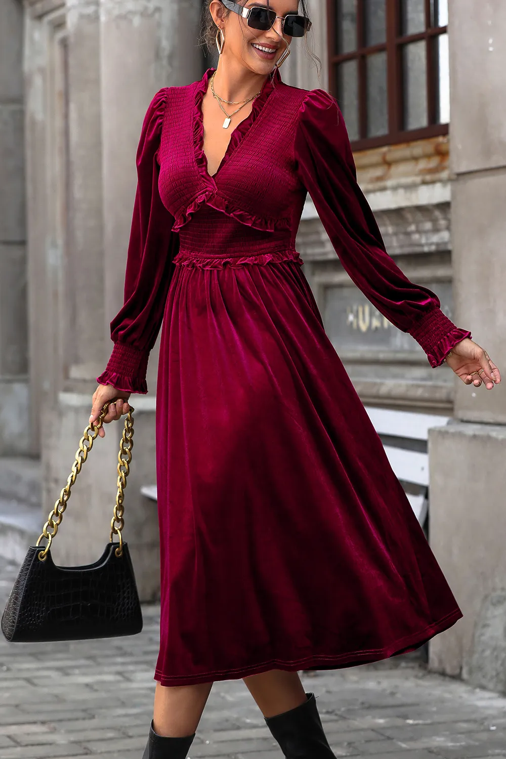 Smocked Lantern Sleeve Midi Dress, image 3
