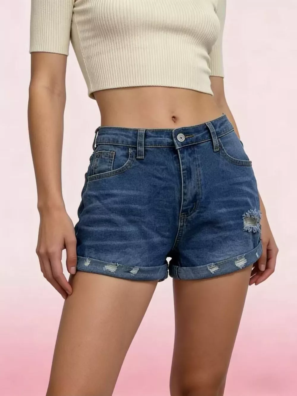 Distressed Denim Roll-Up Shorts, image 11