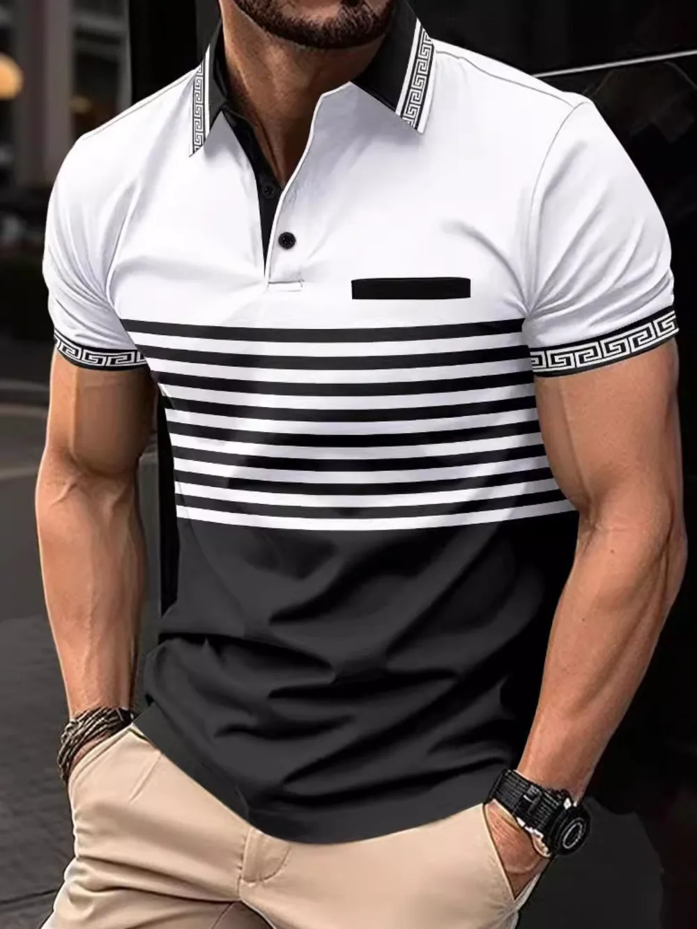 Men's Full Size Striped Collared Neck Short Sleeve Polo Plus Size, image 2