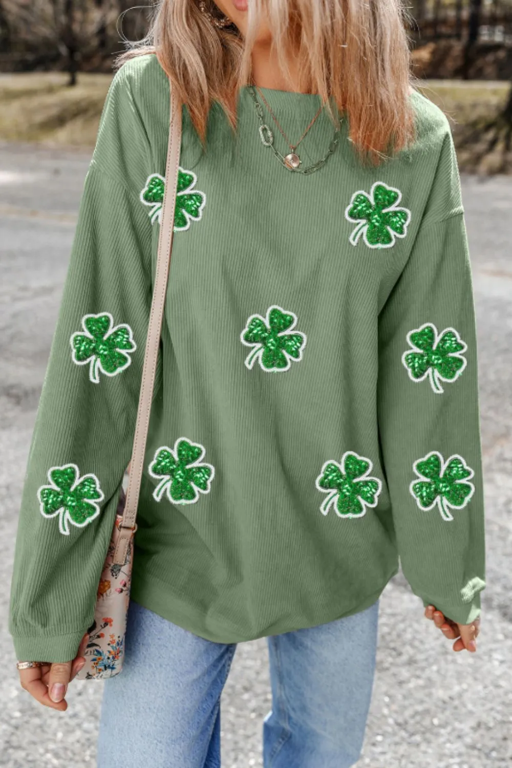 Sequin Lucky Clover Round Neck Long Sleeve Sweatshirt, image 3