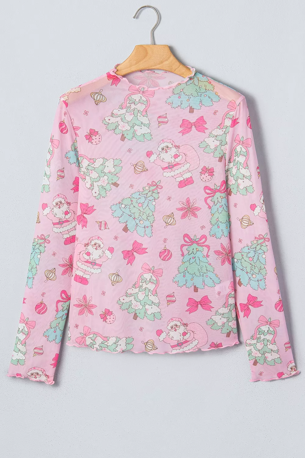 Christmas Print Sheer Mesh Slim Fit Long Sleeve Top, image 3