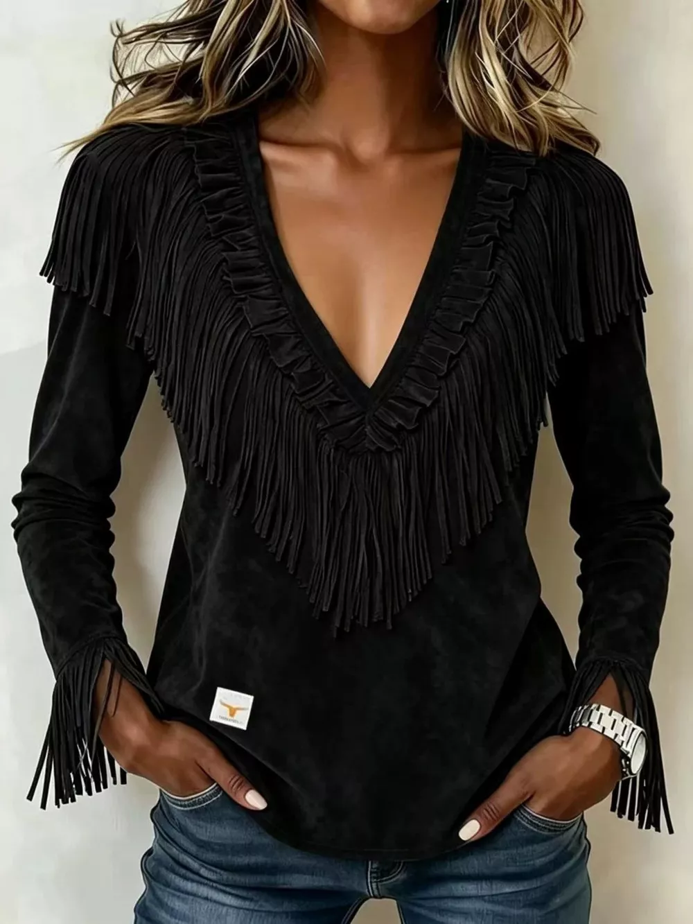 Fringed V-Neck Blouse, image 13