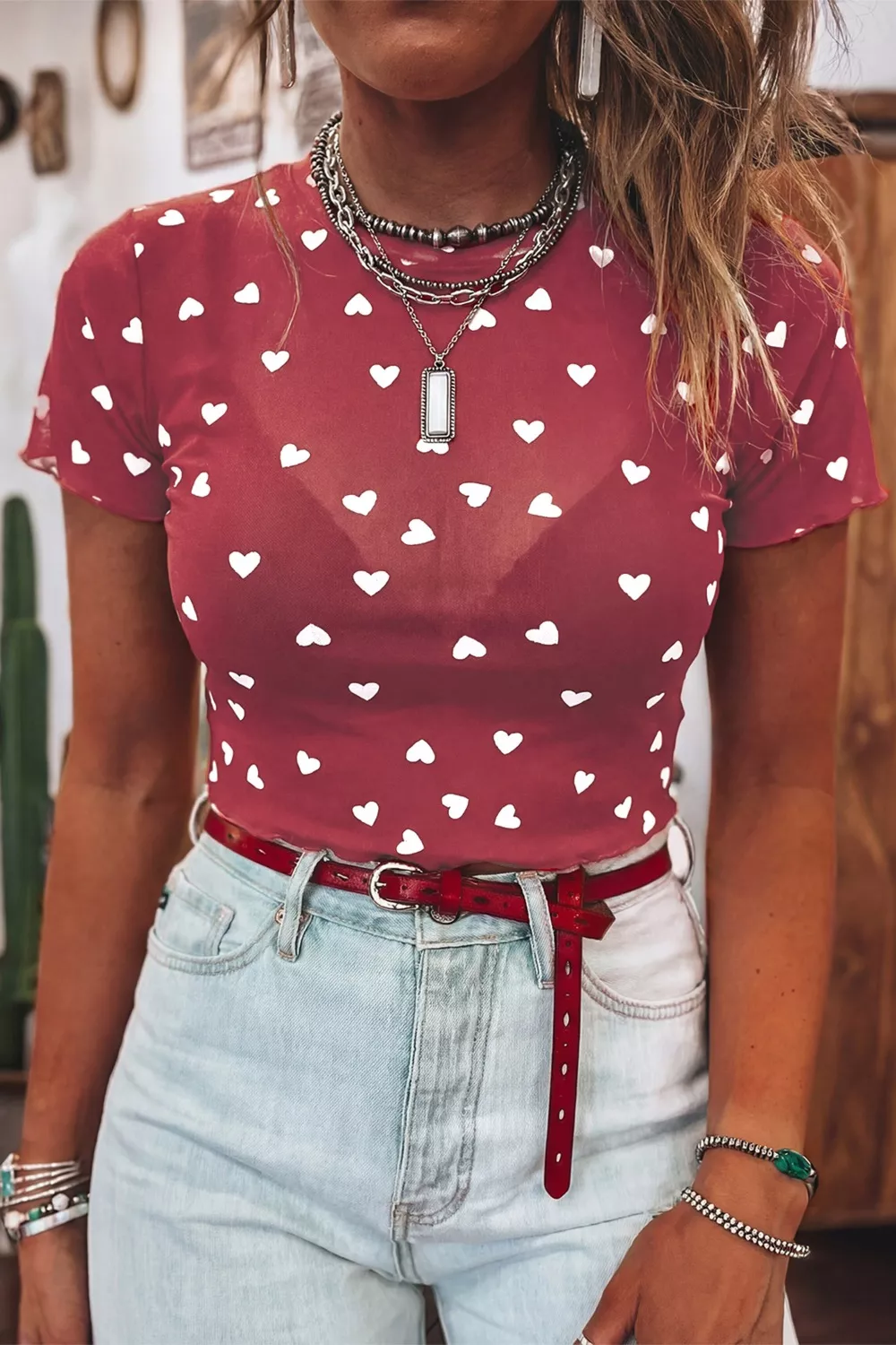 Sheer Heart Print Fitted Top, image 8