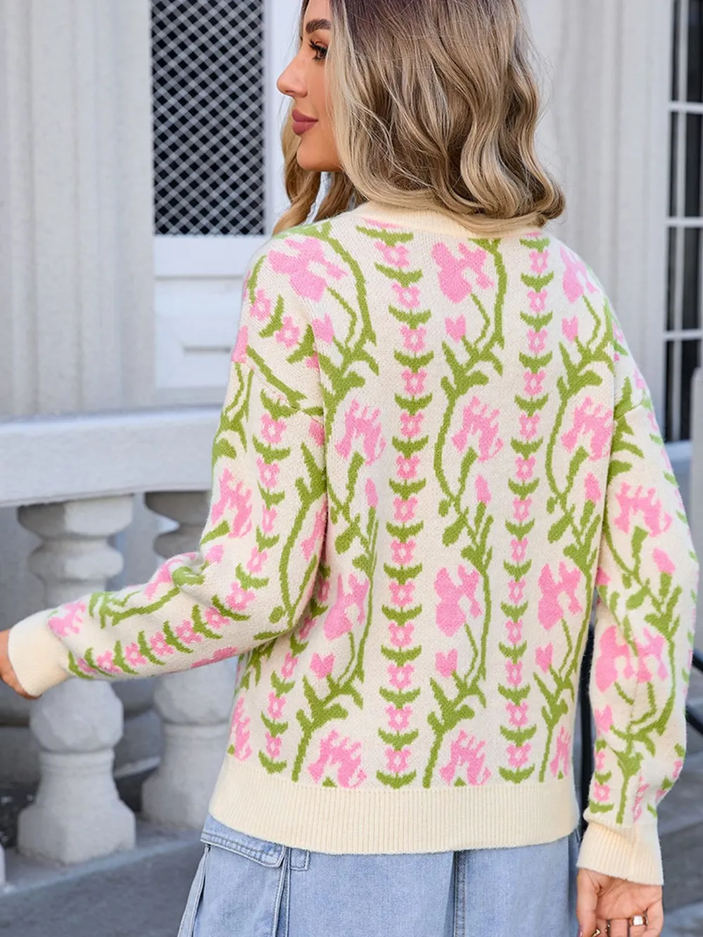Flower Round Neck Long Sleeve Sweater, image 3
