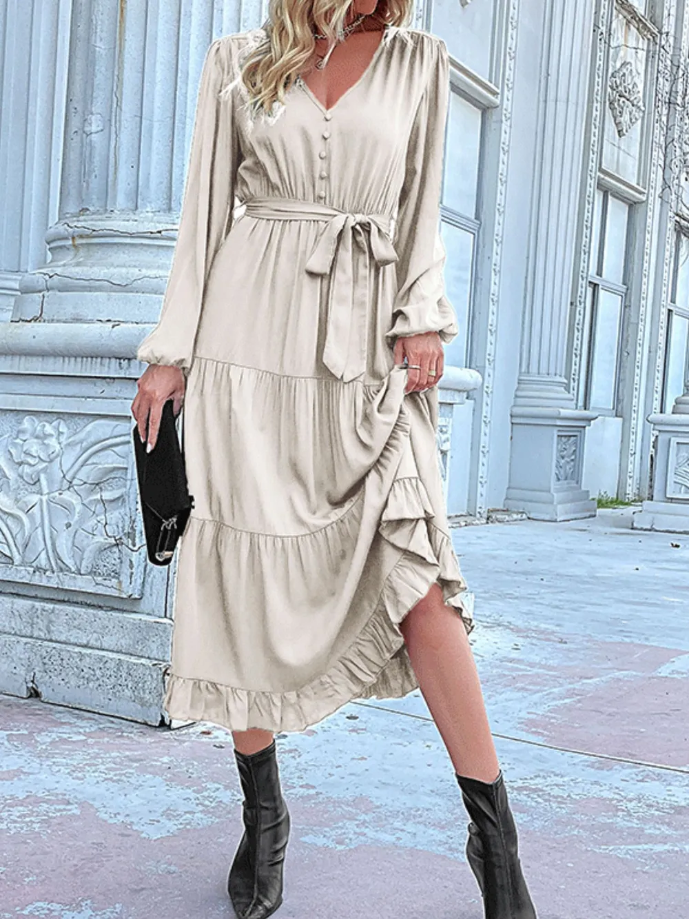 Ruffled Hem V-Neck Balloon Sleeve Dress, image 9