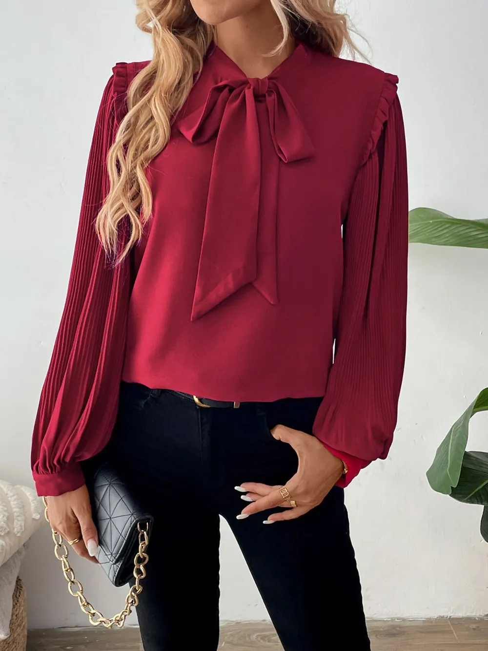 Frill Tie Neck Long Sleeve Blouse, image 3