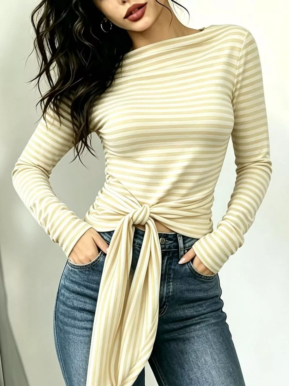 Long Sleeve Striped T-Shirt with Front Tie Detail, image 12