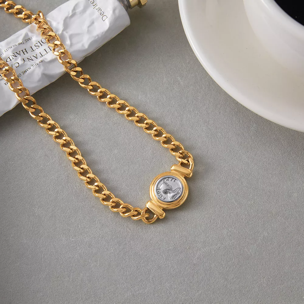 18K Gold-Plated Vintage Coin Charm Curb Chain Necklace, image 5