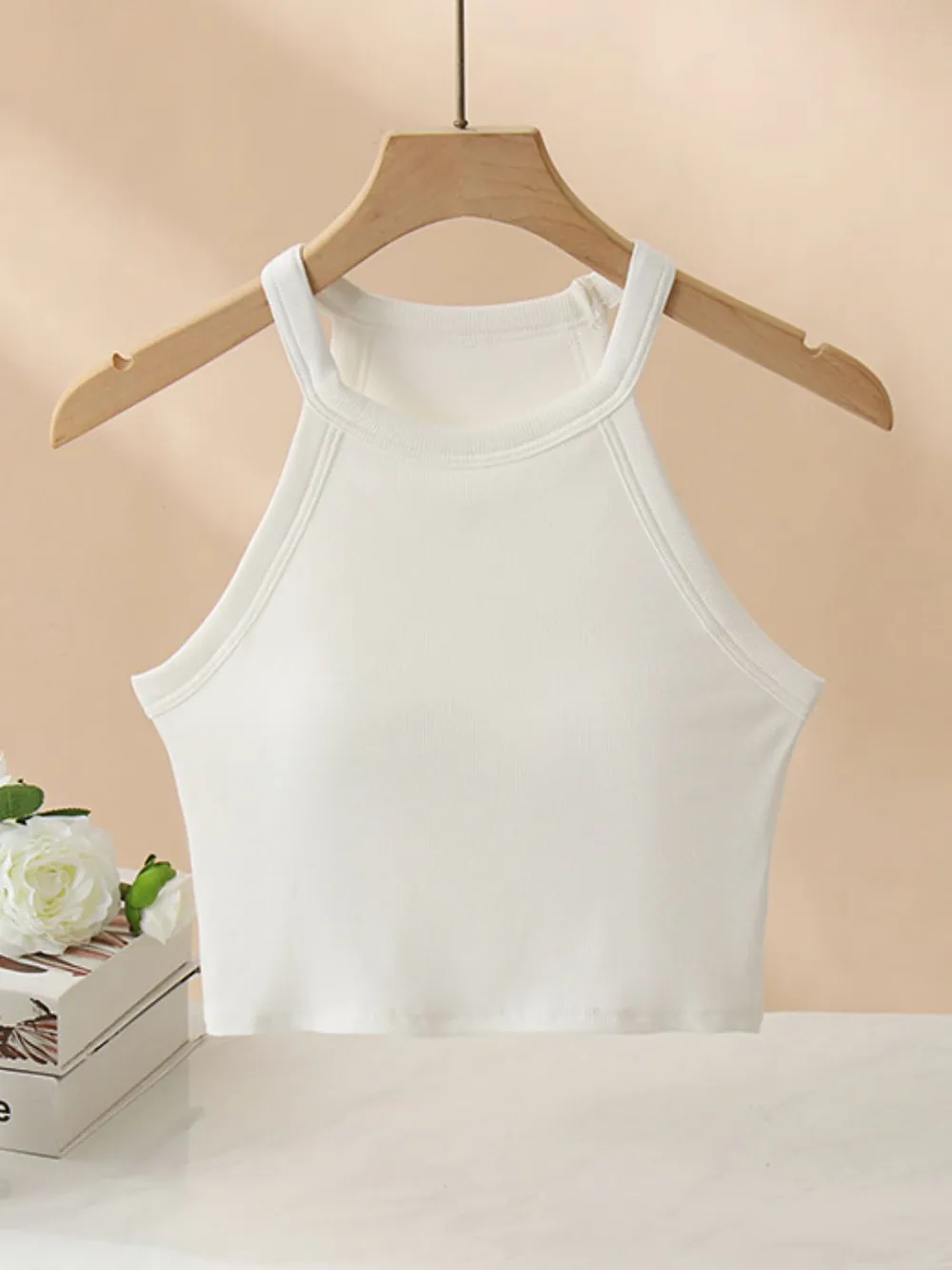 Ribbed Grecian Neck Cropped Tank with Chest Pads, image 9