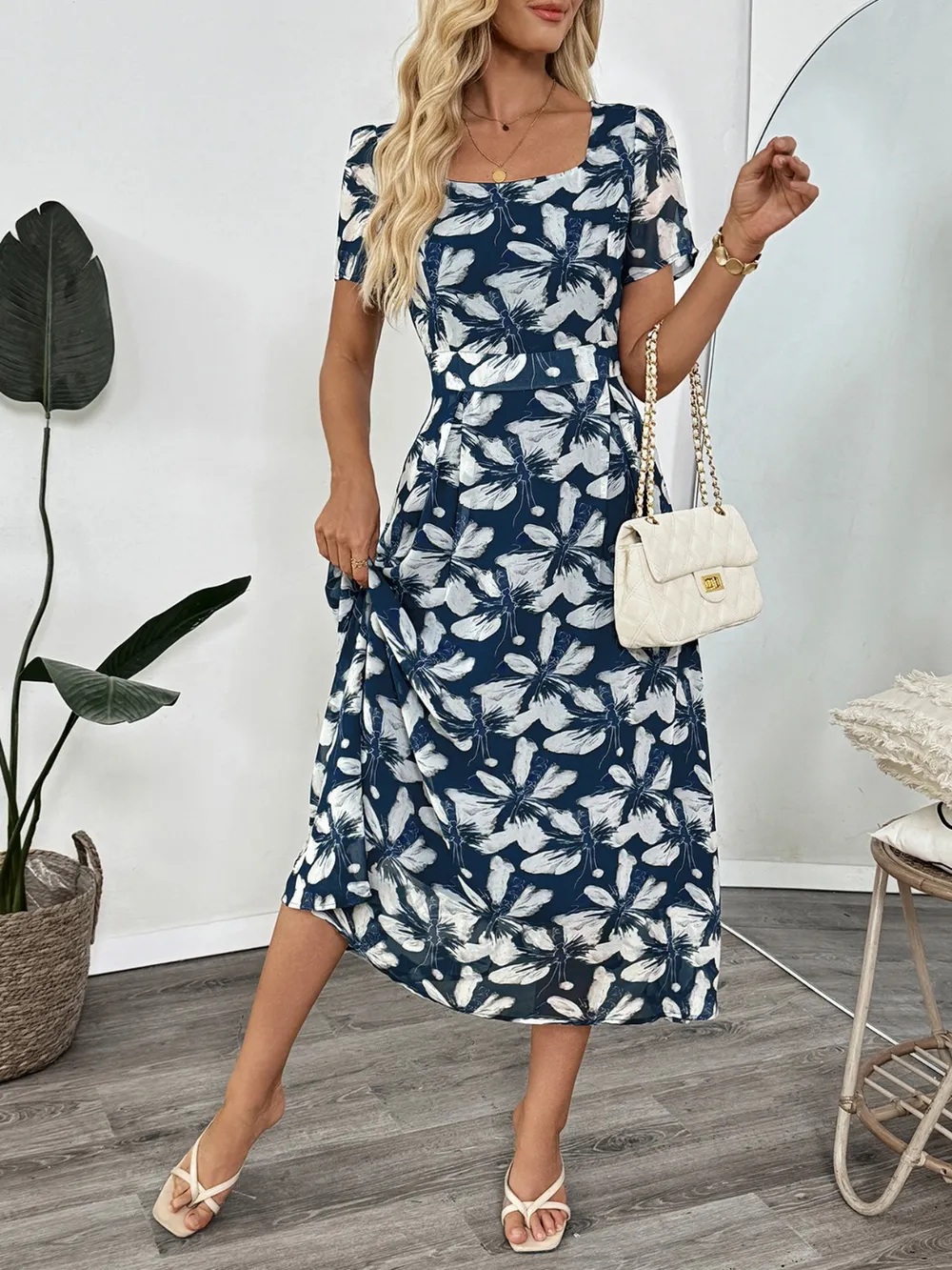Printed Square Neck Midi Dress, image 4
