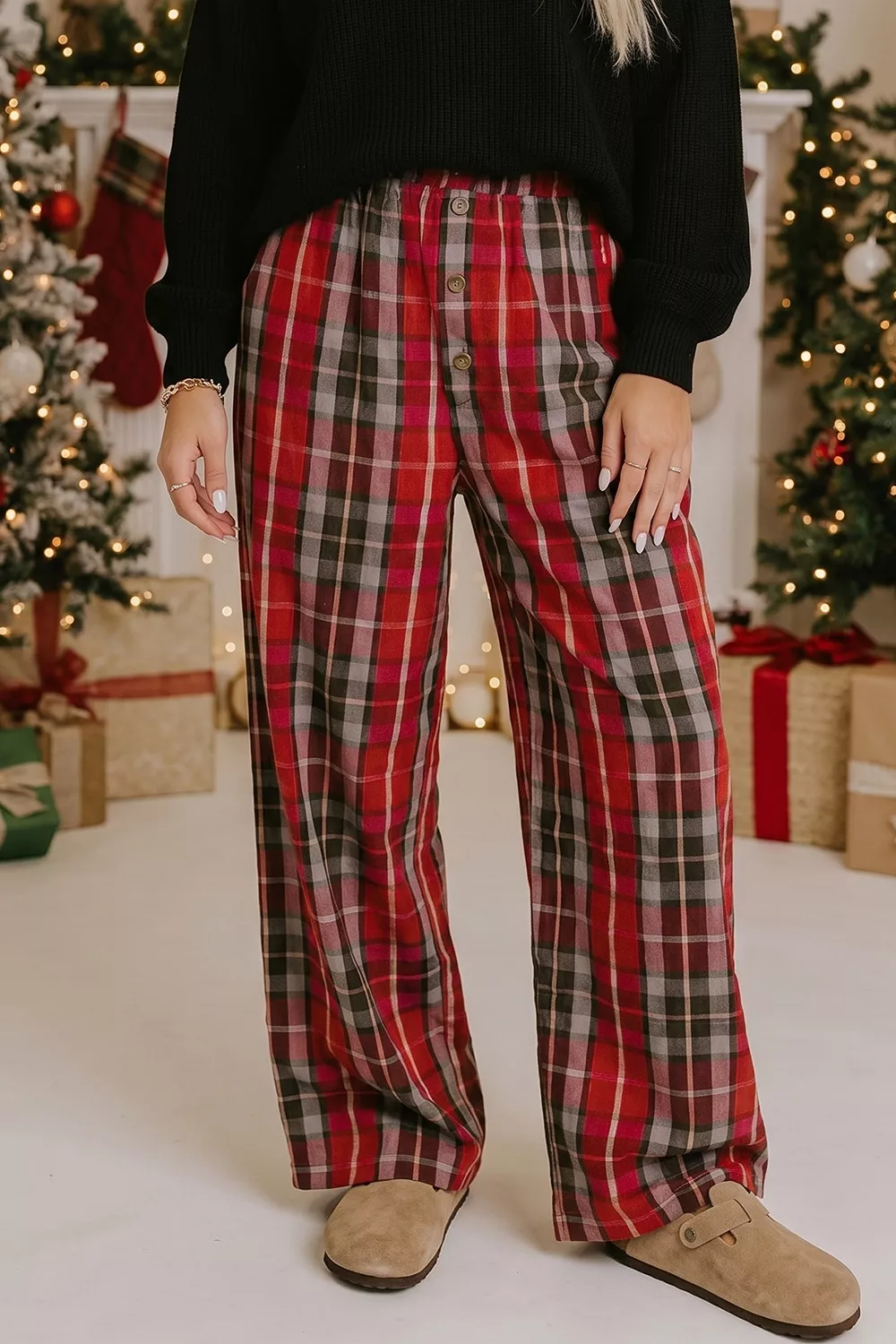 Plaid Elastic Waist Pocket Regular Full-Length Pants