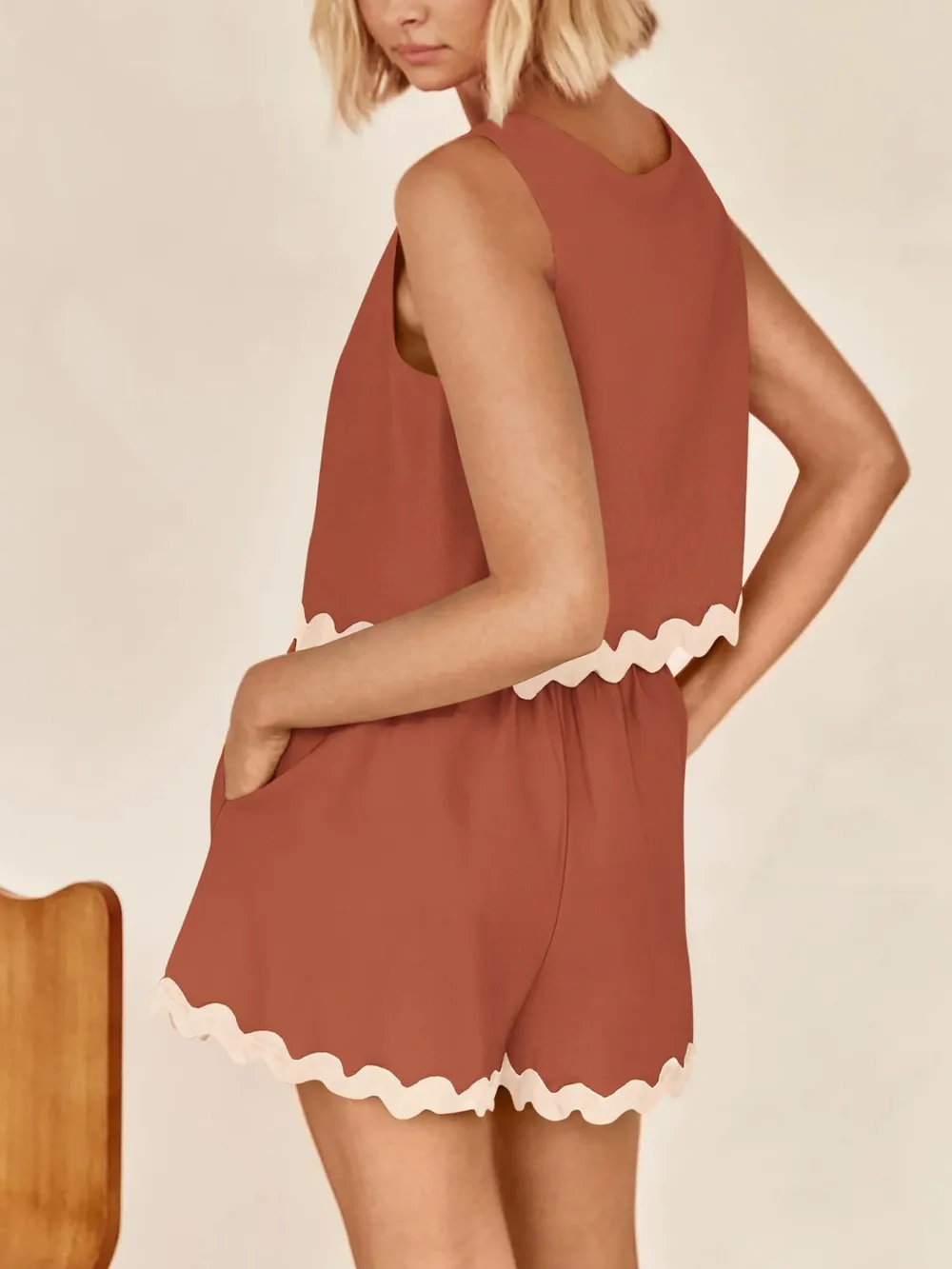 Contrast Trim Round Neck Top and Shorts Set, image 8