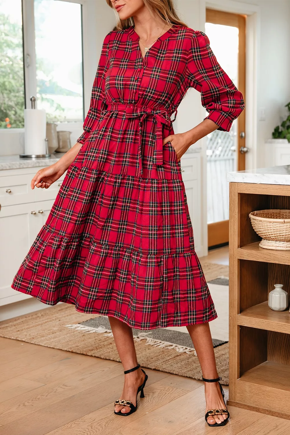 Christmas Plaid V Neck 3/4 Sleeve Tie Waist Ruffle Hem Midi Dress, image 2