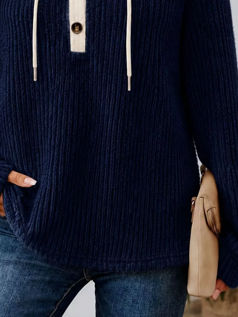 Full Size Drawstring Button Detail Hooded Sweater Plus Size, image 6