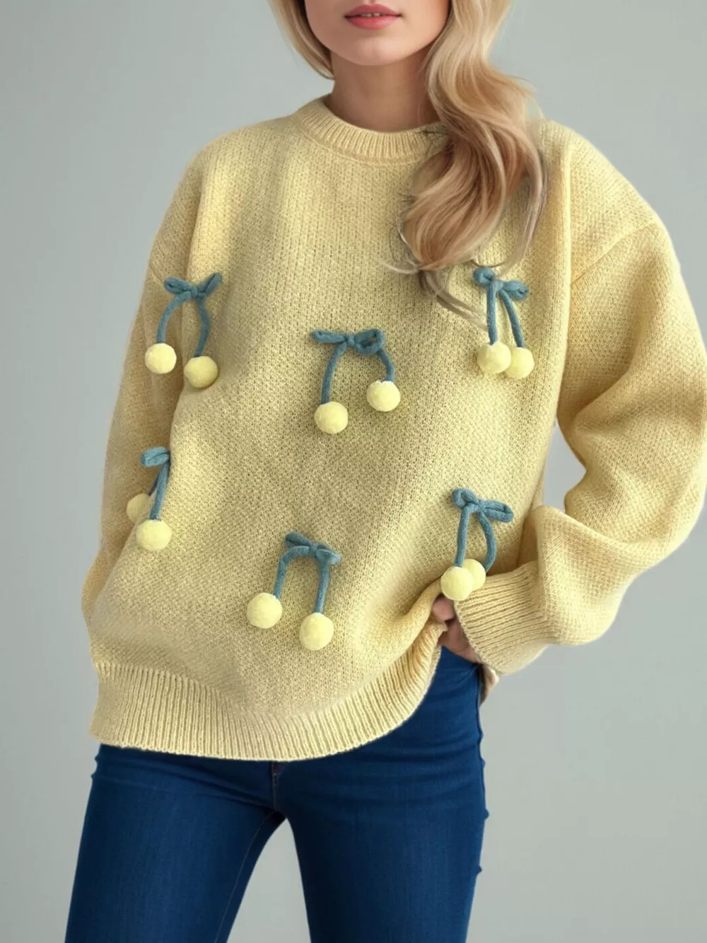 Cherry Pom-Pom Knit Round Neck Sweater, image 7