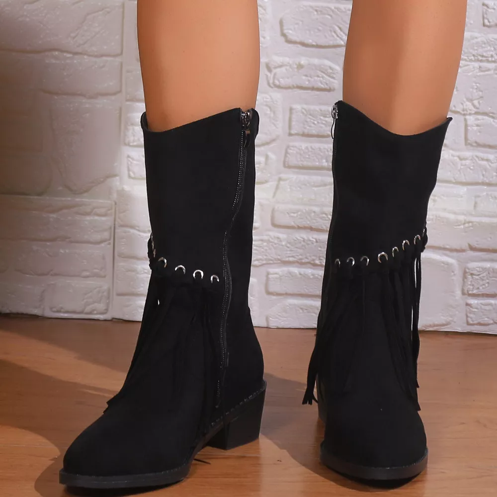 Fringe Western Block Heel Boots, image 2