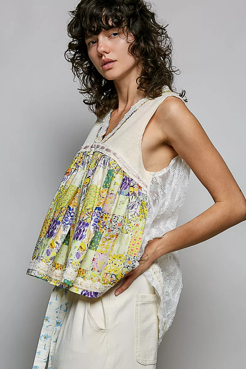 Floral V-Neck Sheer Tank with Lace Trim, image 3