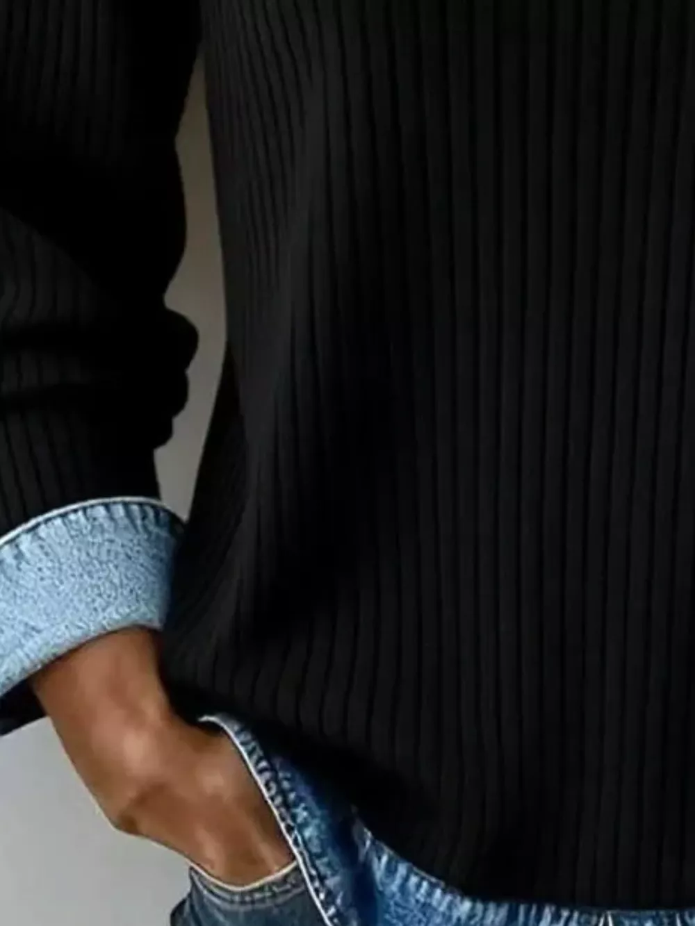 Denim Collar Ribbed Knit Top, image 4