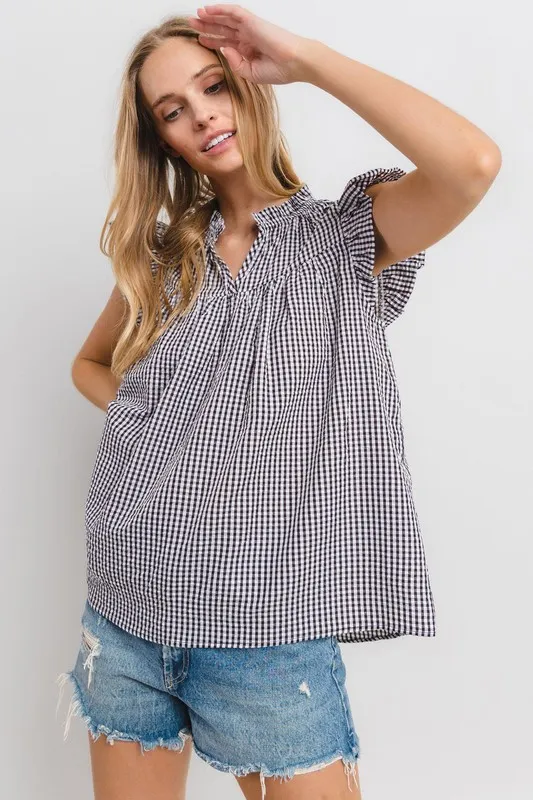 Ces Femme Plaid Notched Ruffled Cap Sleeve Blouse, image 3