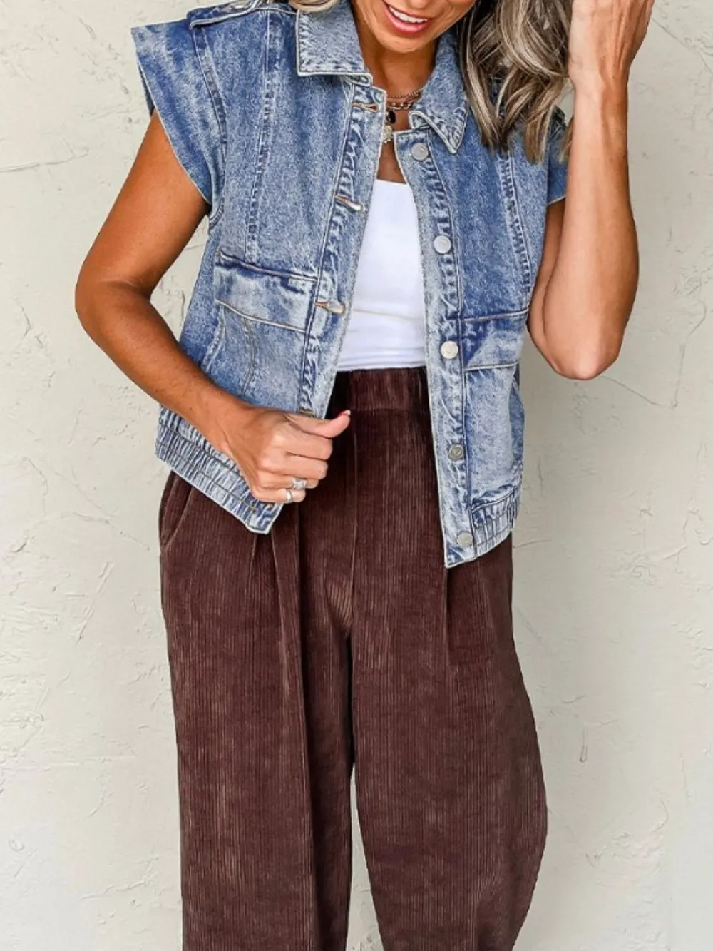 Button Up Cap Sleeve Denim Jacket, image 4