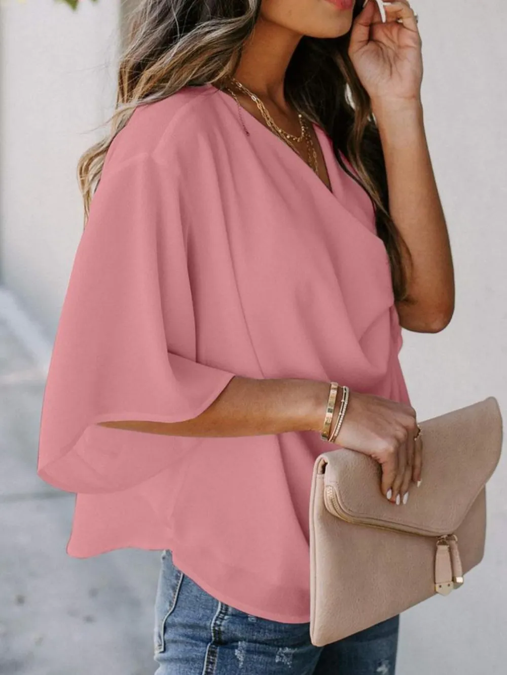 Full Size Ruched Three-Quarter Sleeve Blouse Plus Size, image 9