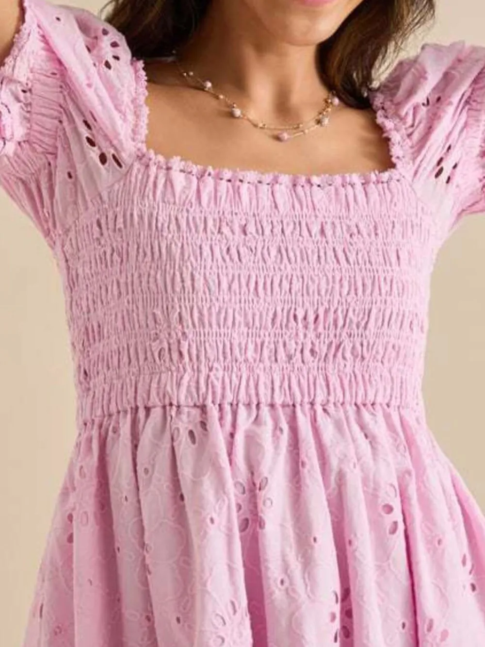 Eyelet Puff Sleeve Smocked Mini Dress, image 5