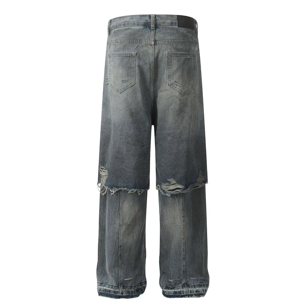 Men's Distressed Wide Leg Layered Denim Jeans, image 3