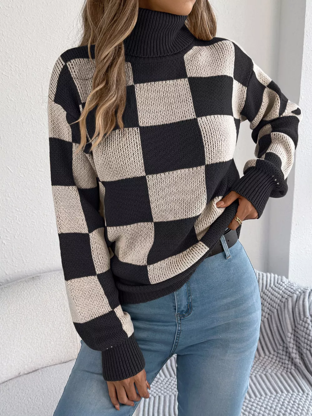 Checkered Turtleneck Long Sleeve Sweater, image 8