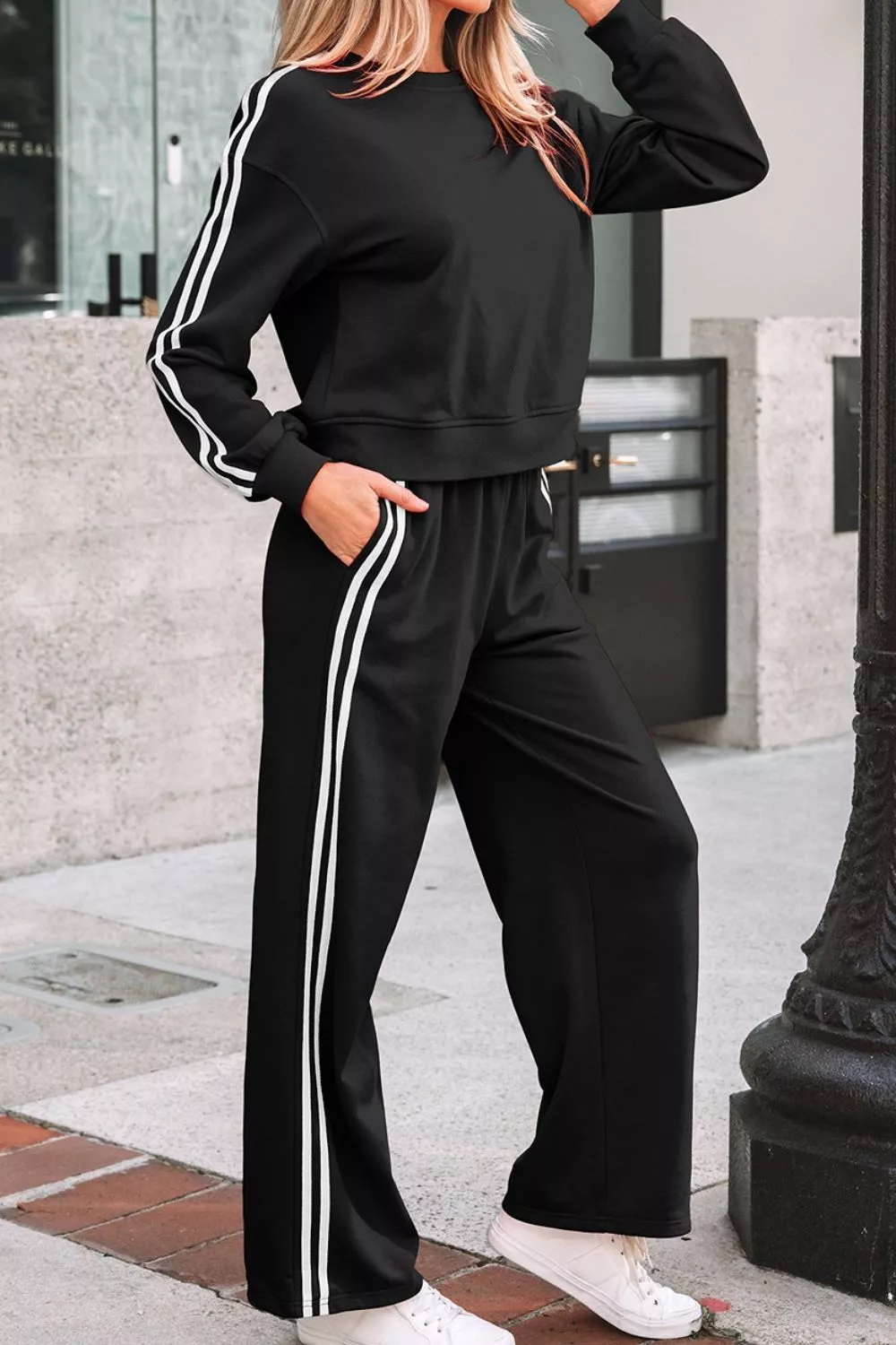 Striped Detail Crewneck Pullover Elastic Sweatpants 2pcs Outfit, image 5