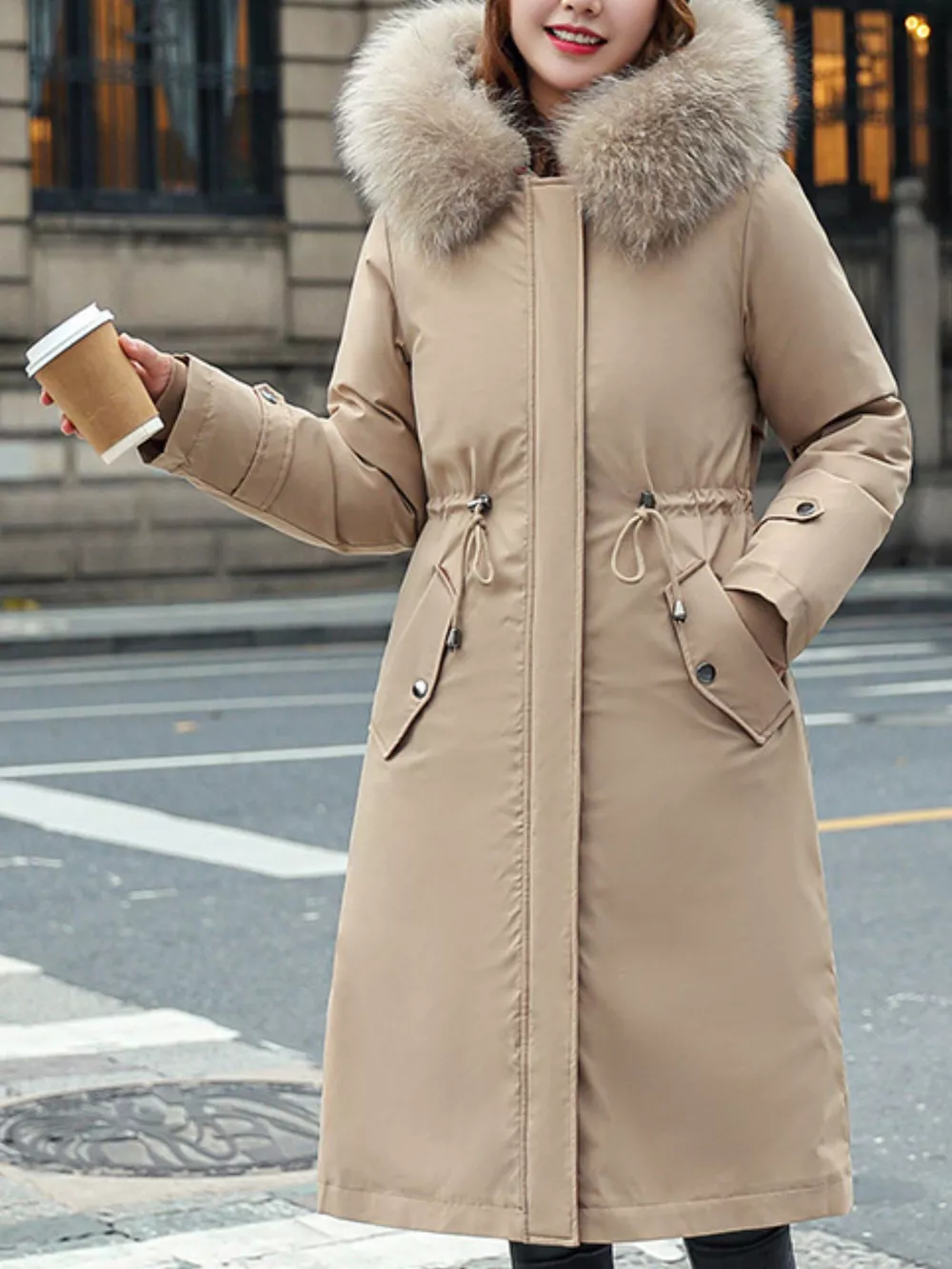Plus Size Detachable Longline Hooded Parka with Faux Fur Trim and Drawstring Waist, image 2