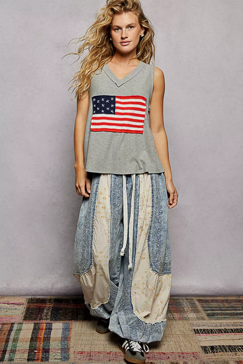 V-Neck Ribbed Tank with American Flag Patch and Star Back Patch, image 4