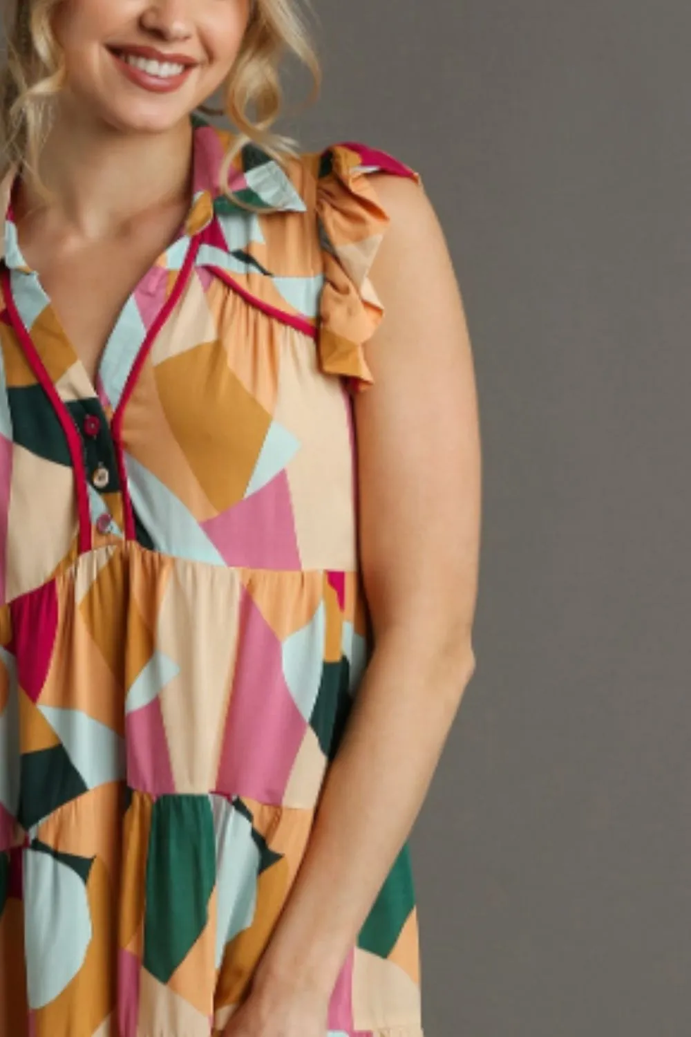 Full Size Button Detail Ruffle Sleeve Mini Dress Plus Size, image 2