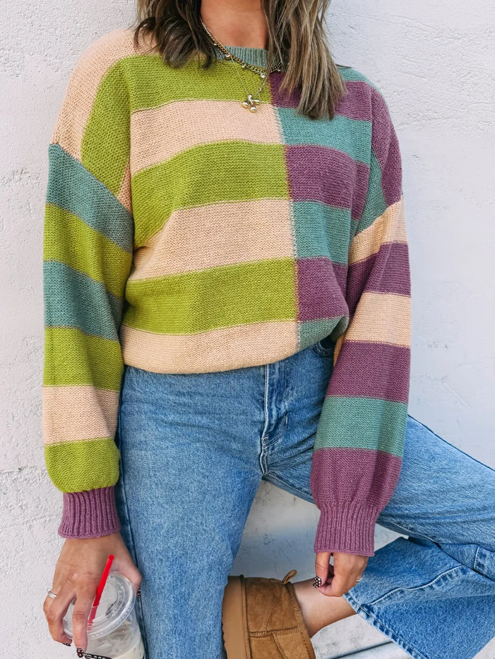 Stripe Drop Shoulder Ribbed Edge Sweater, image 3