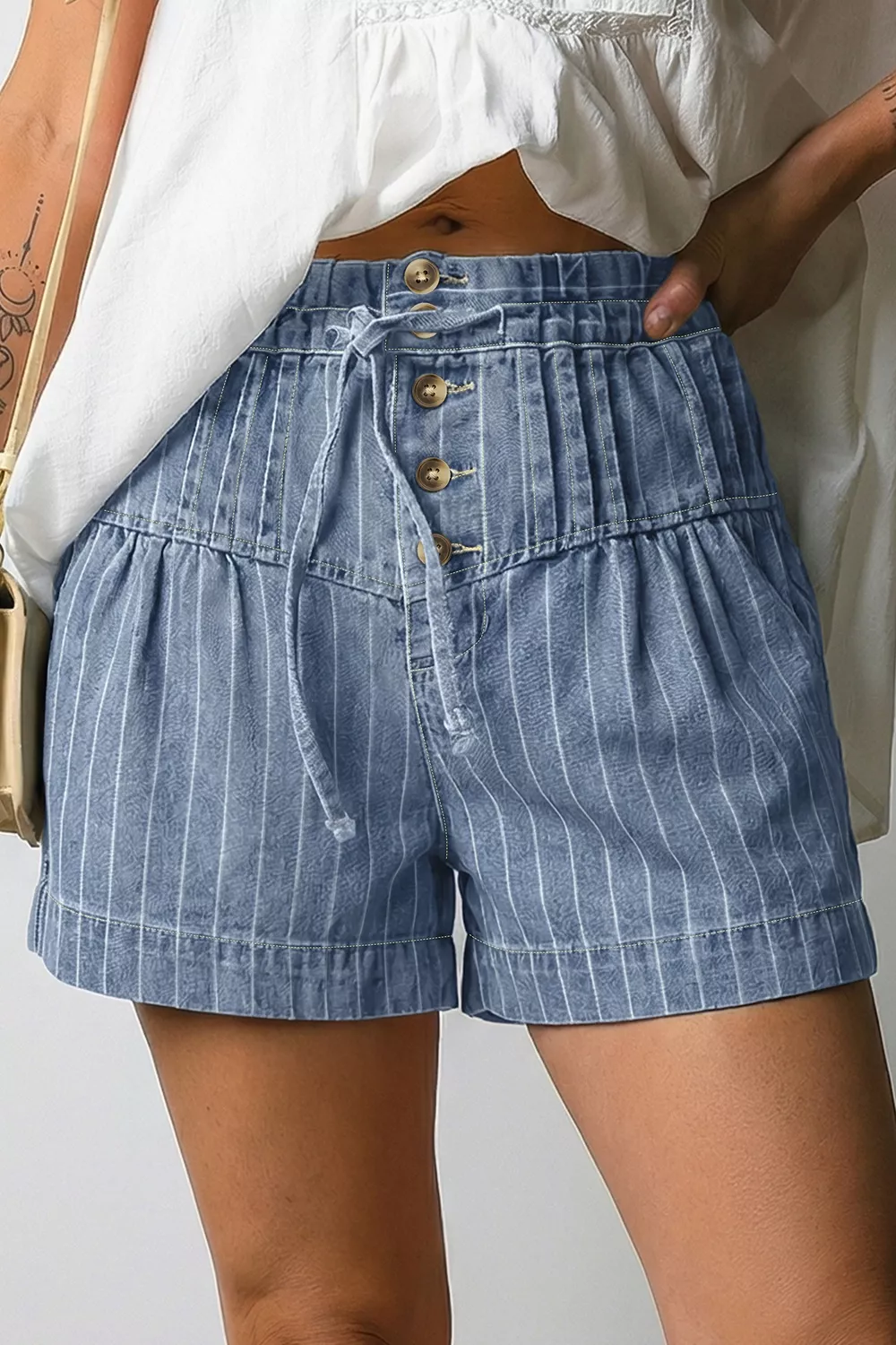 Striped High-Waisted Denim Shorts