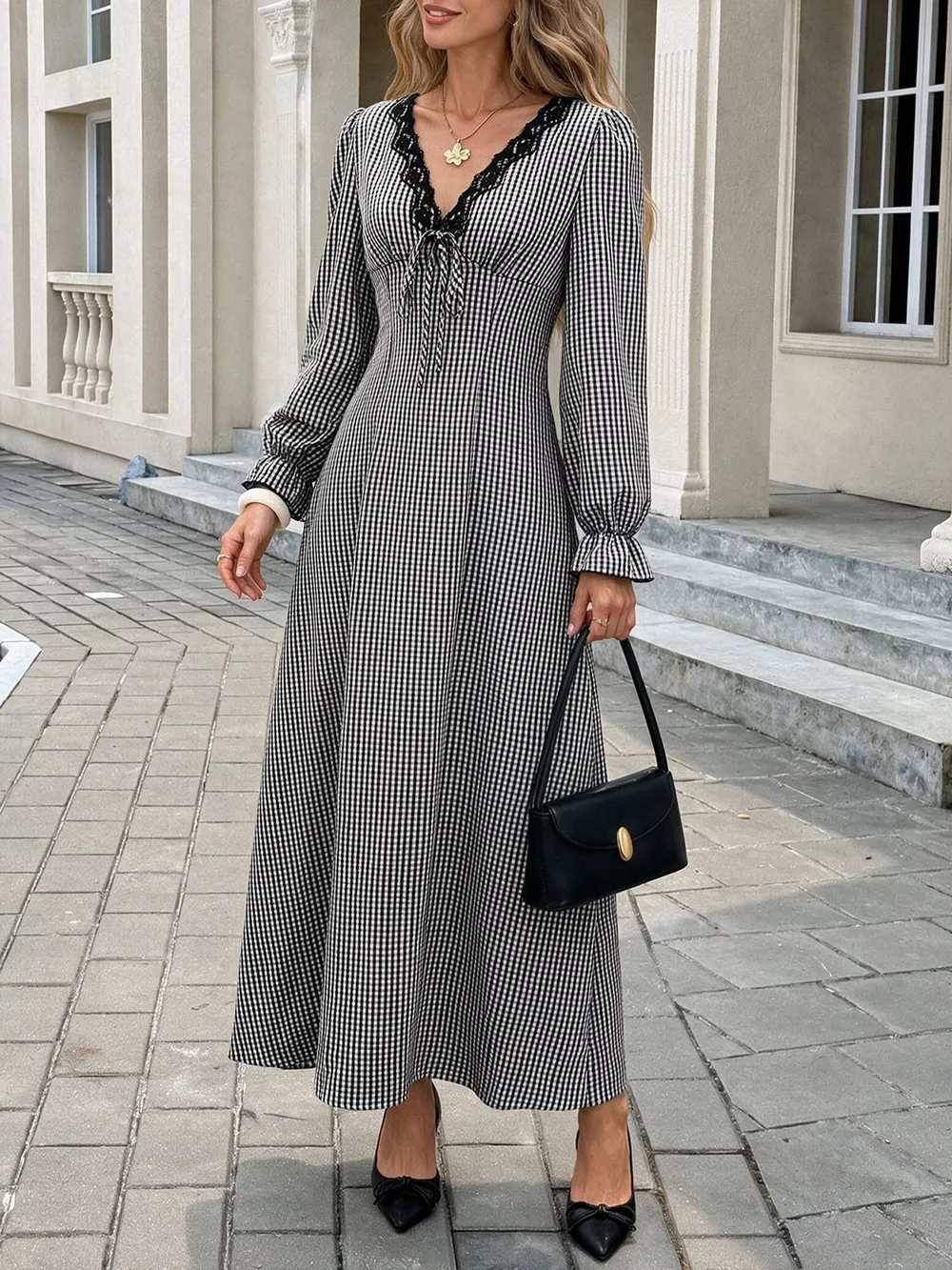 Gingham Lace-Trim V-Neck Long Sleeve A-Line Maxi Dress, image 3