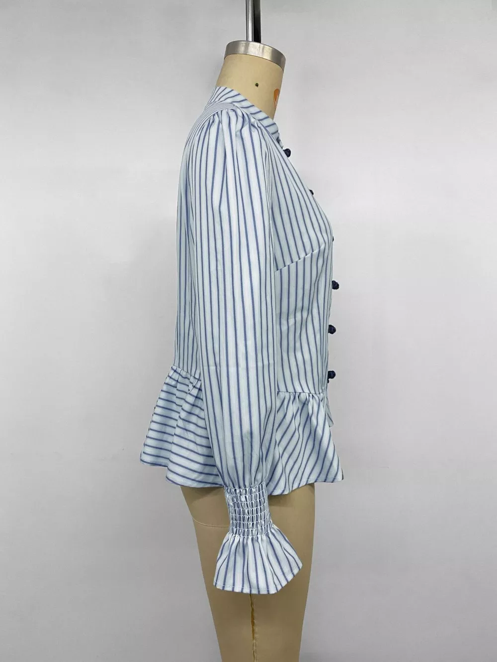 Striped Mandarin Knot Buttons Peplum Hem Shirt, image 14