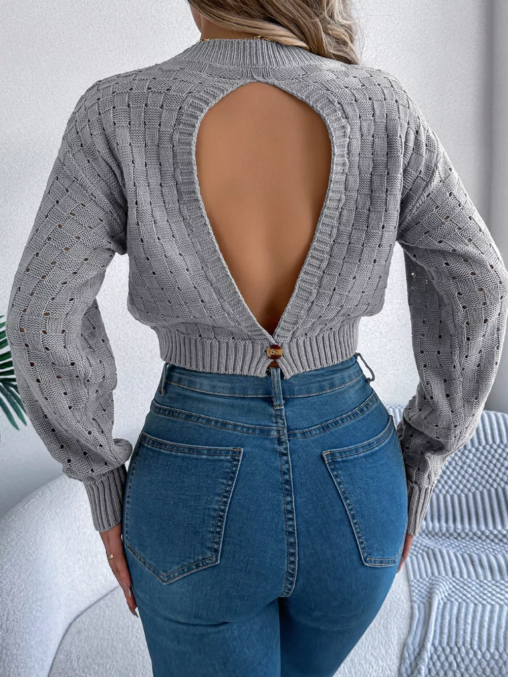 Cutout Back Openwork Round Neck Long Sleeve Sweater, image 14