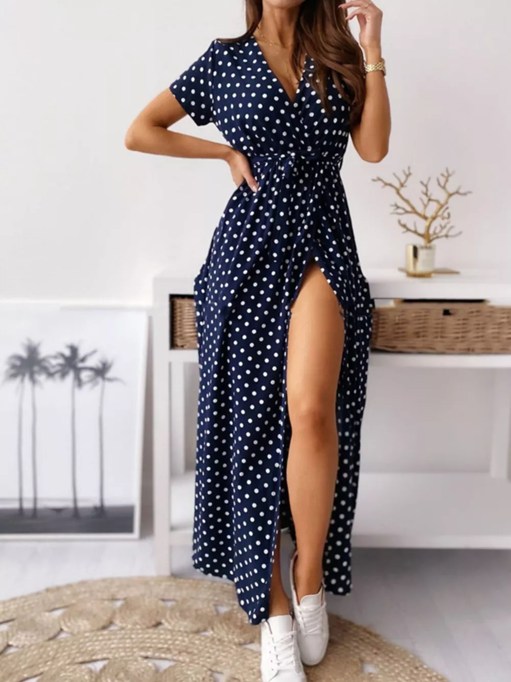 Polka Dot Surplice Maxi Dress with Slit, image 12