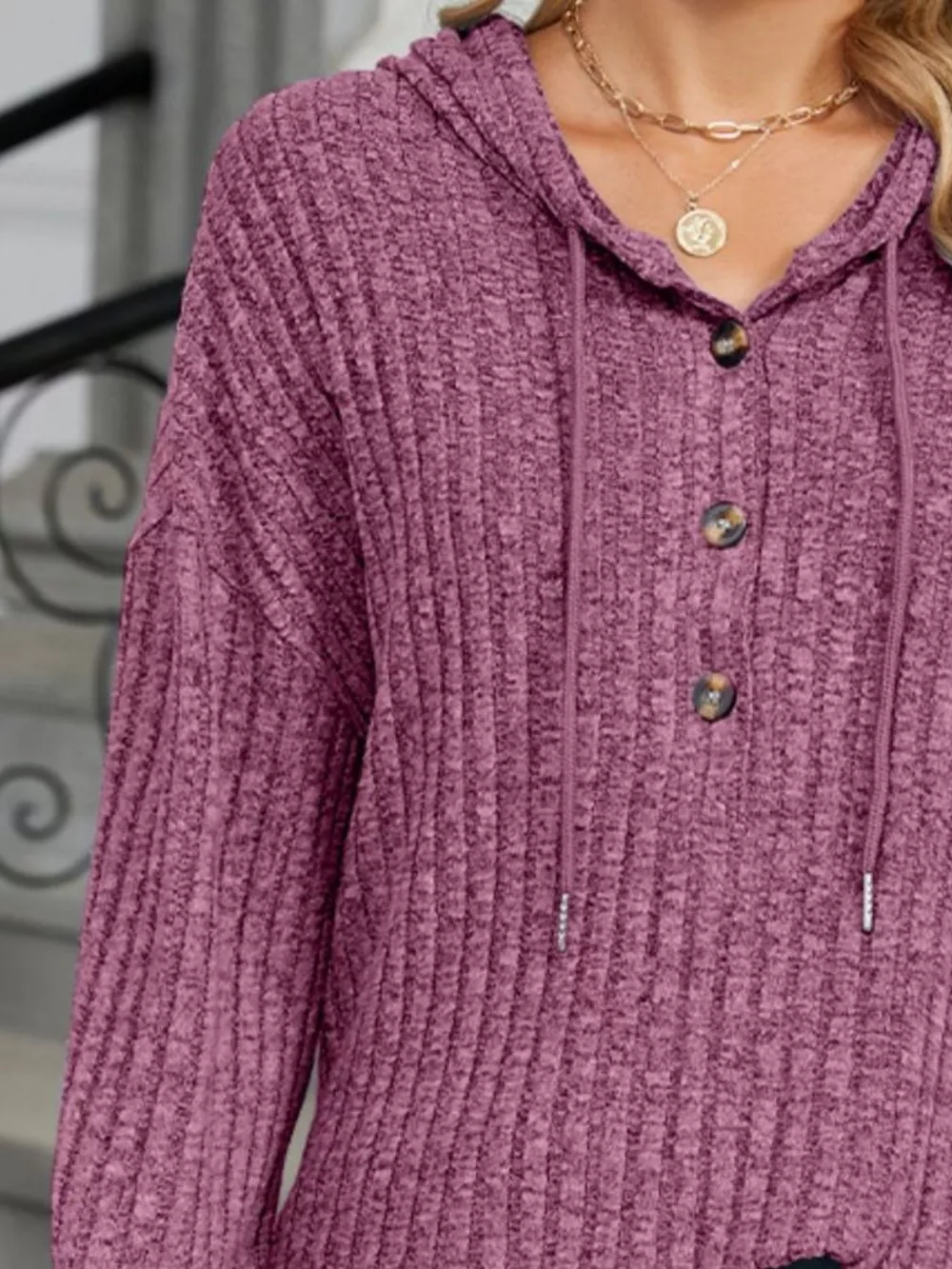 Ribbed Knit Drawstring Long Sleeve Hoodie, image 7