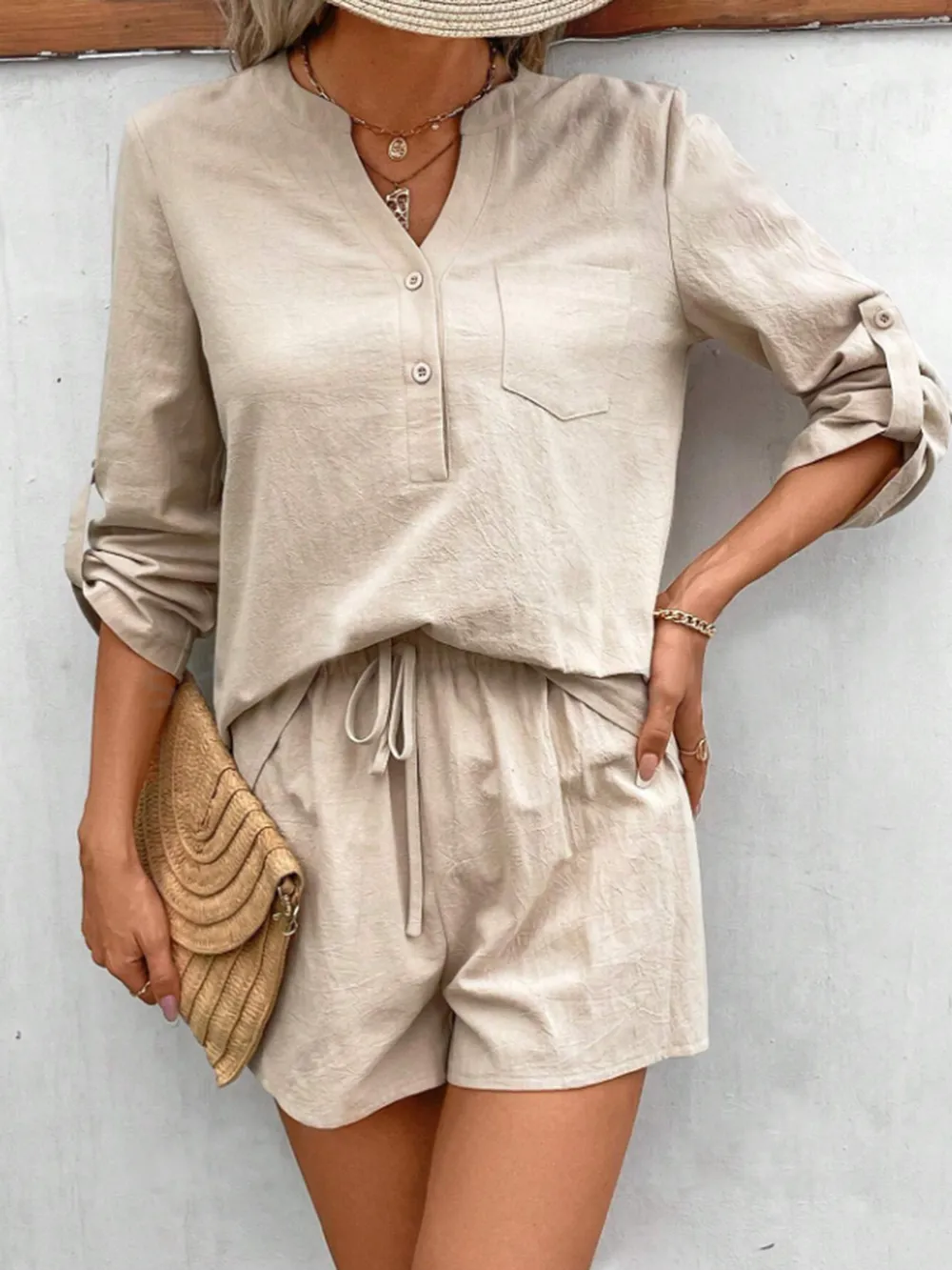 Notched Long Sleeve Top and Shorts Set, image 5