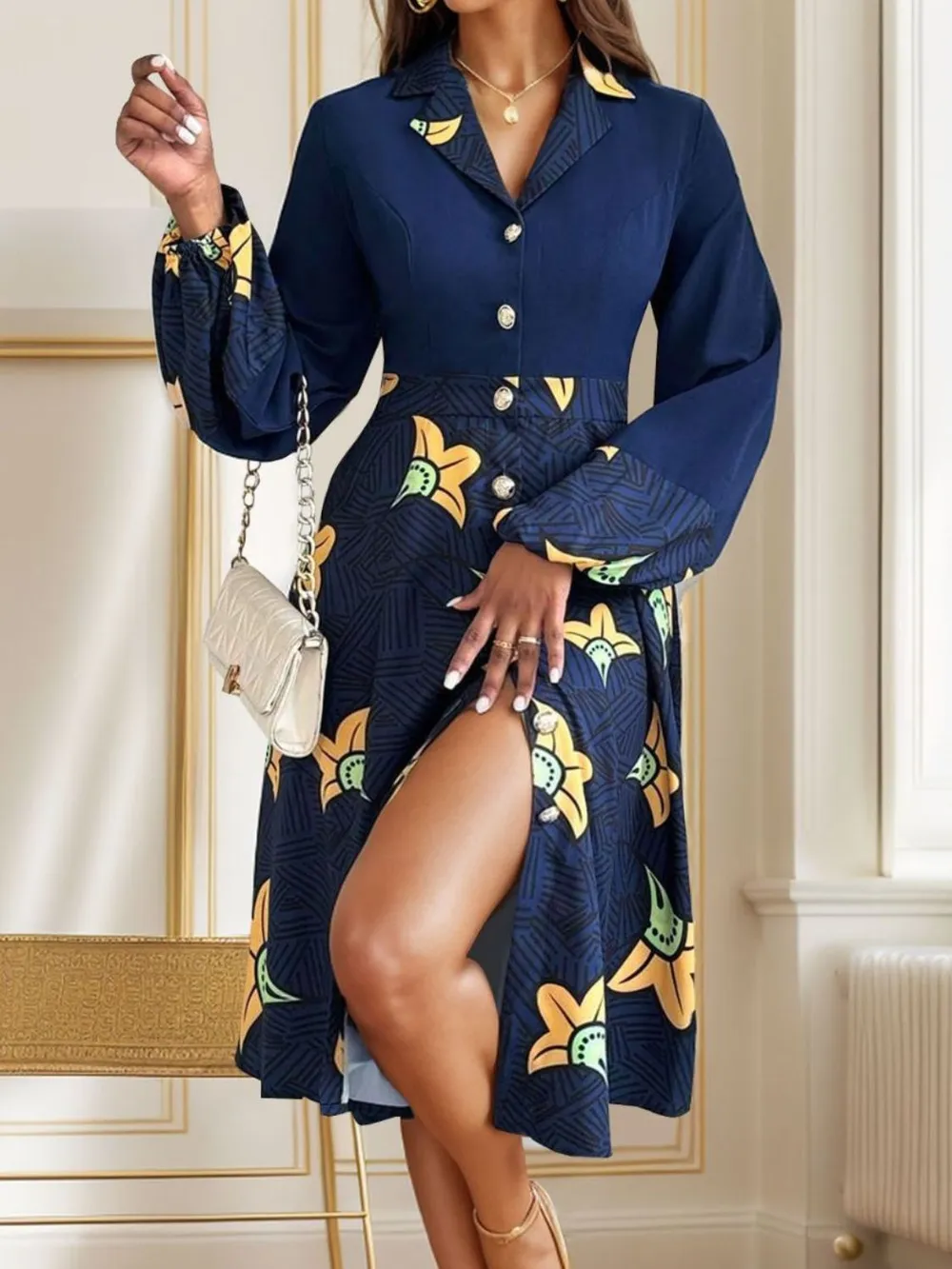 Printed Collared Neck Long Sleeve Dress, image 5