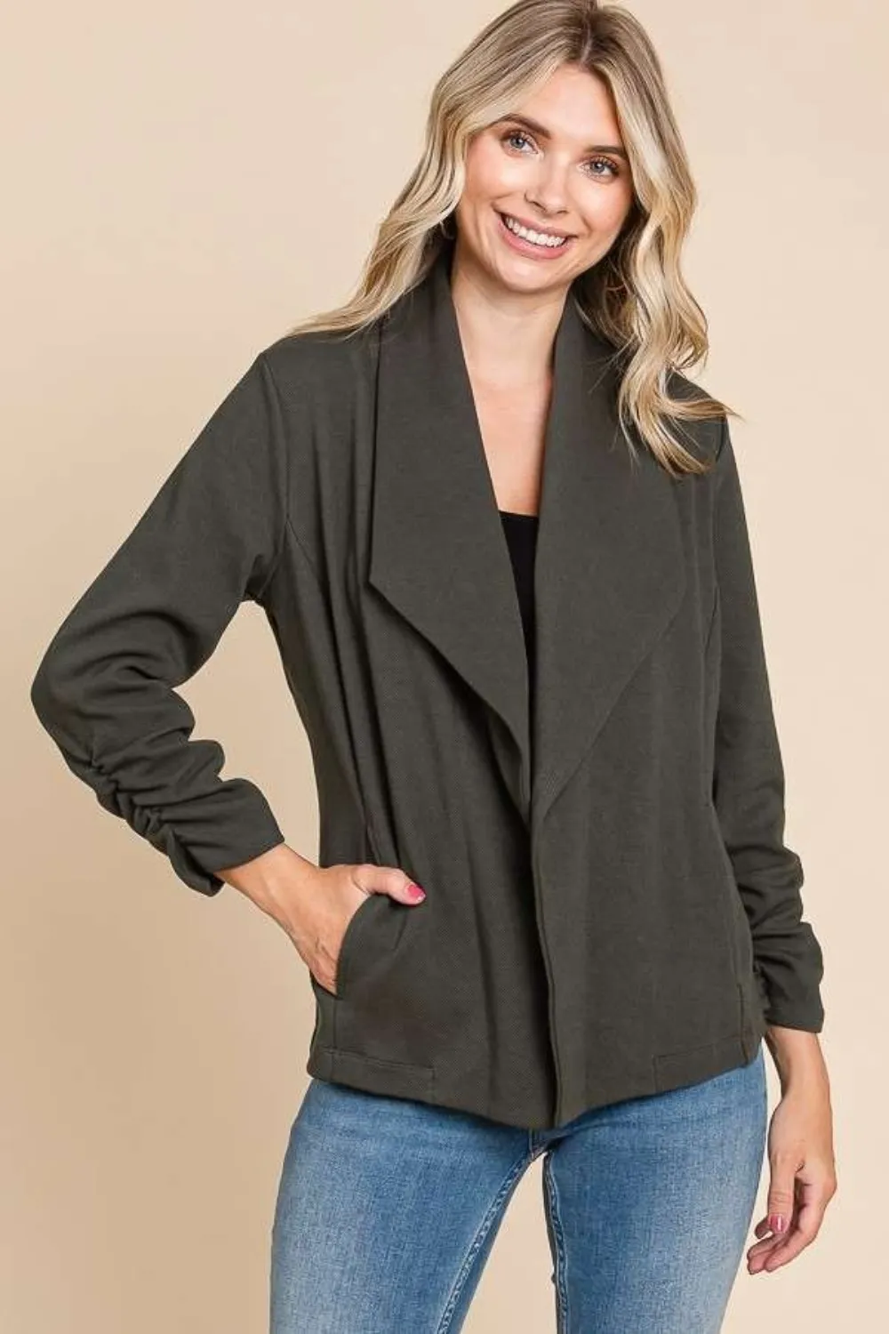 Full Size Ruched Open Front Long Sleeve Jacket, image 4