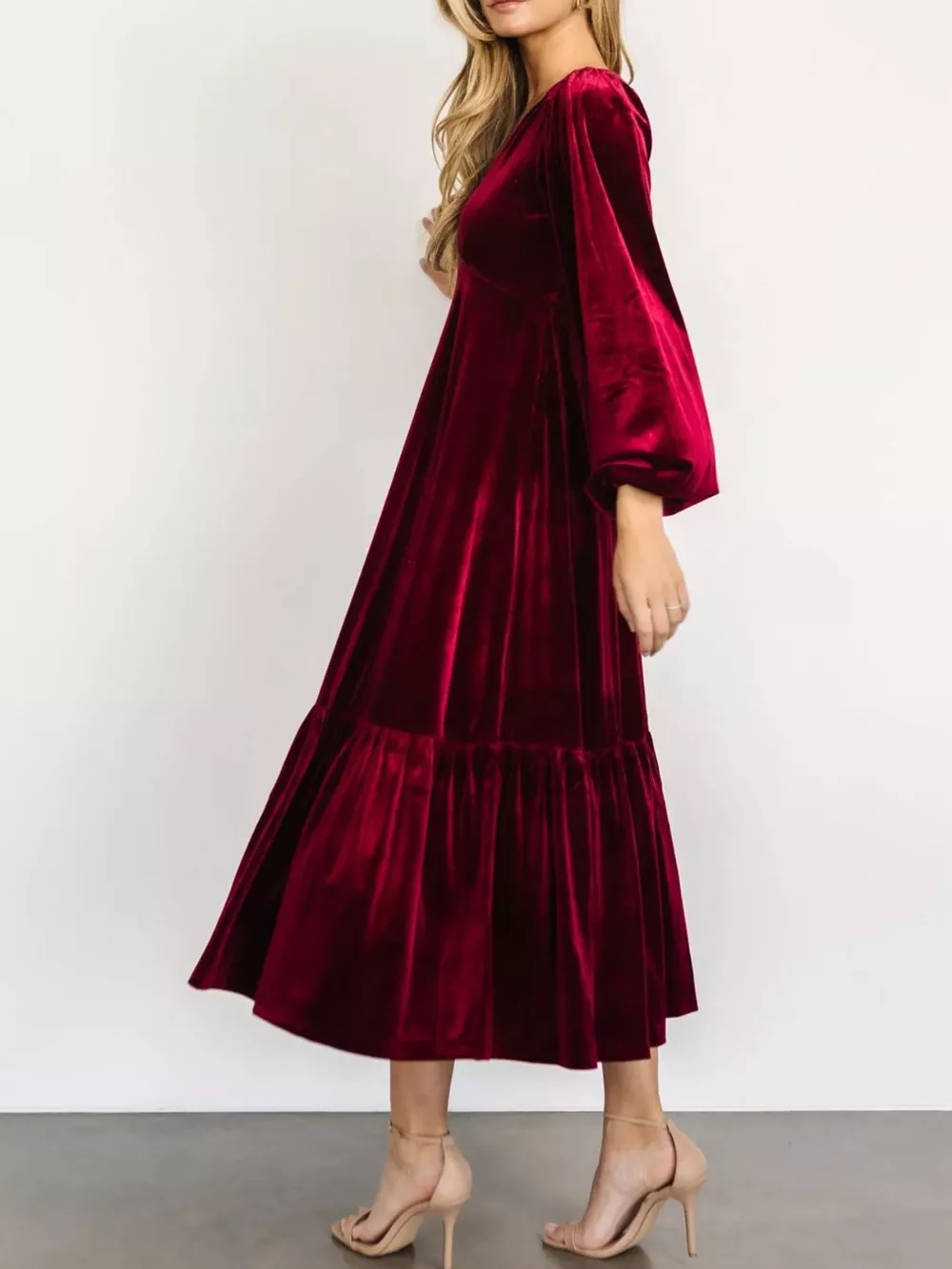 Velvet Tiered Long Sleeve Midi Dress, image 8